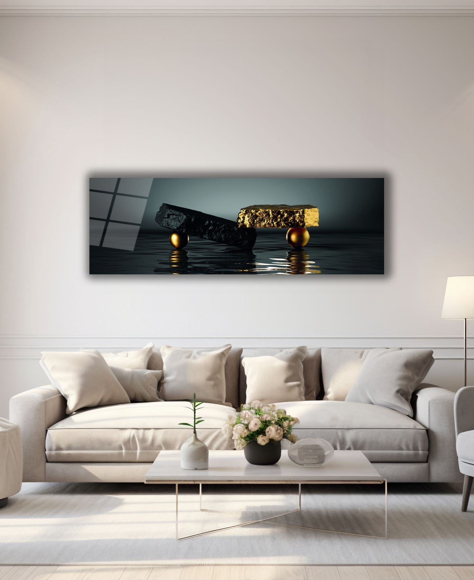 Taşların ve Kürelerin Dengesi Panoramik Cam Tablo