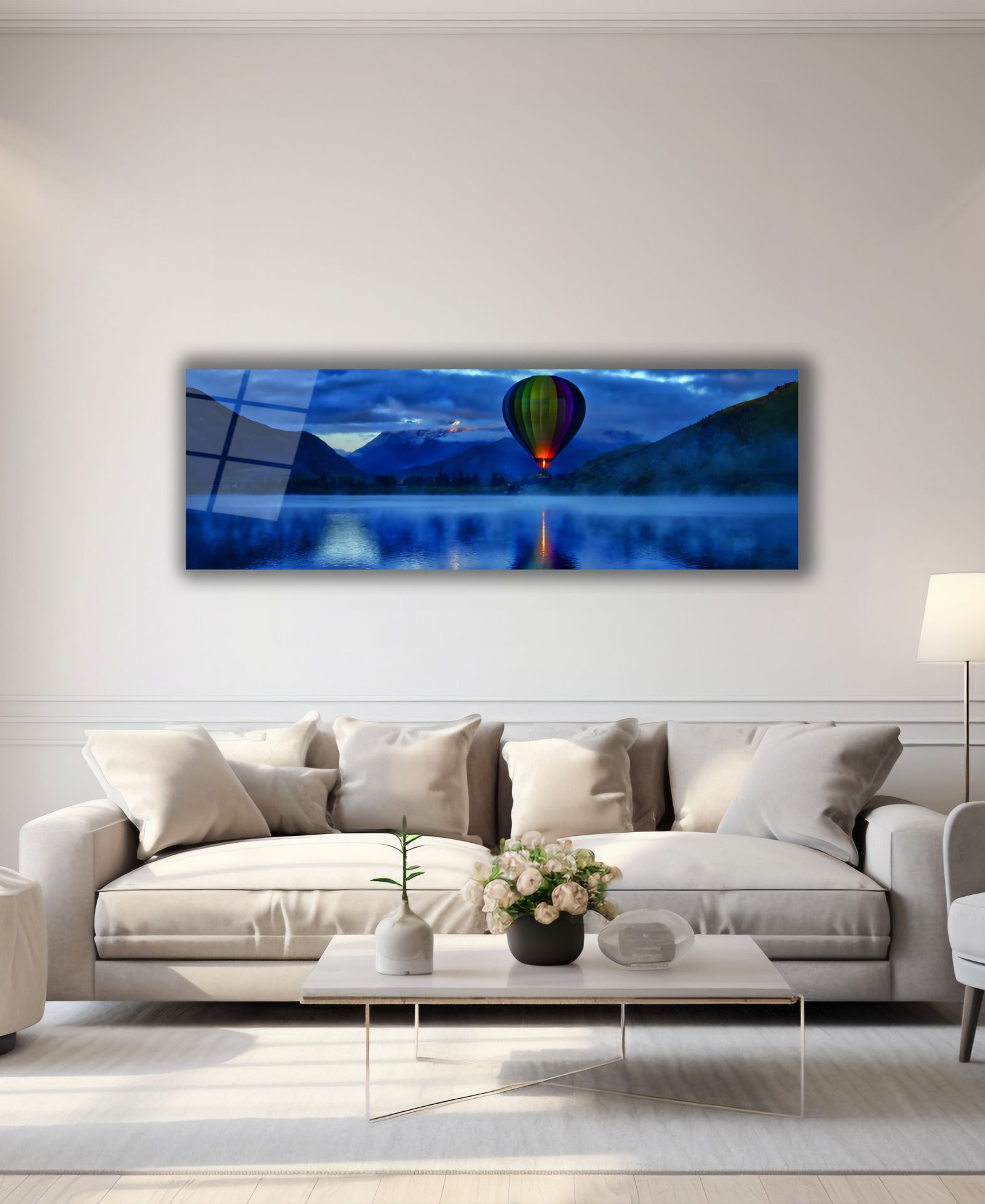 Göl Dağ Manzarası ve Sıcak Hava Balonu Panoramik Cam Tablo