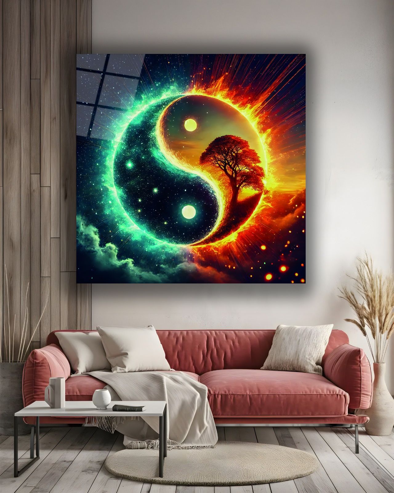 Ying Yang İçinde Hayat Ağacı Kare Cam Tablo