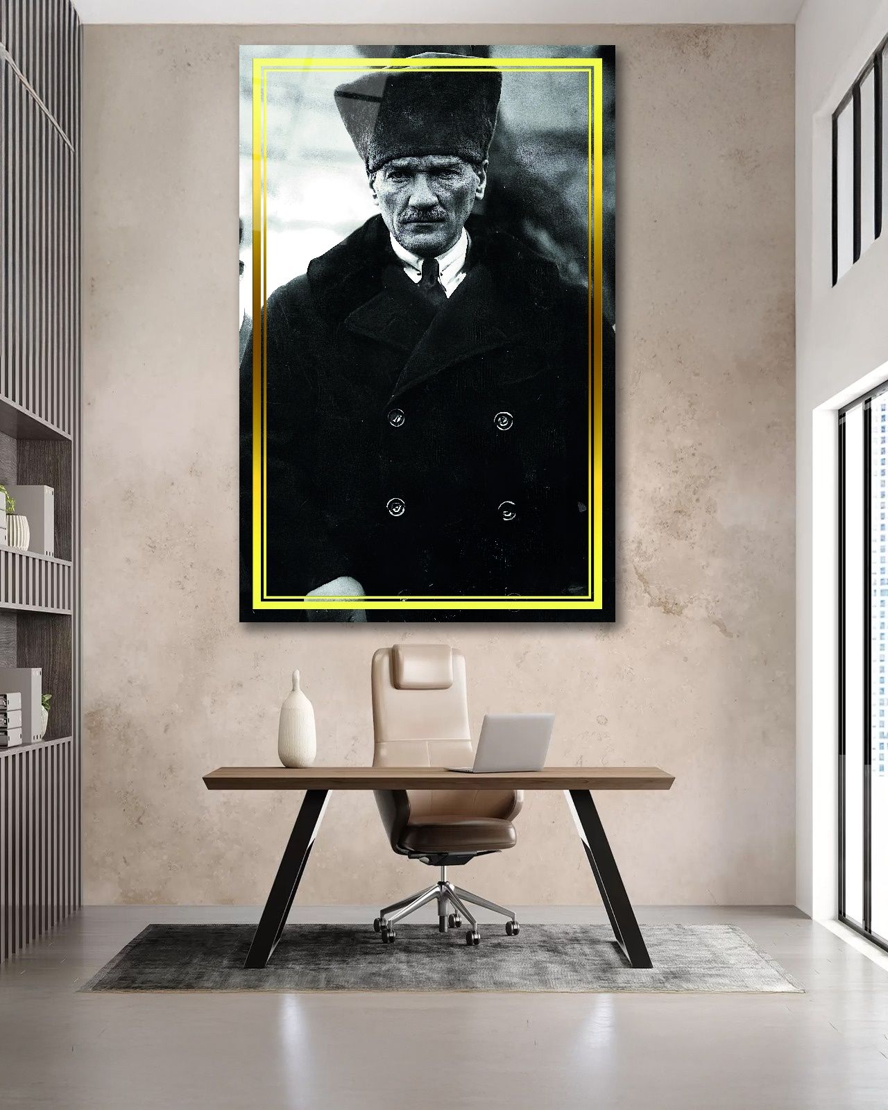 Sarı Çerçeve Görünümlü Atatürk Cam Tablo