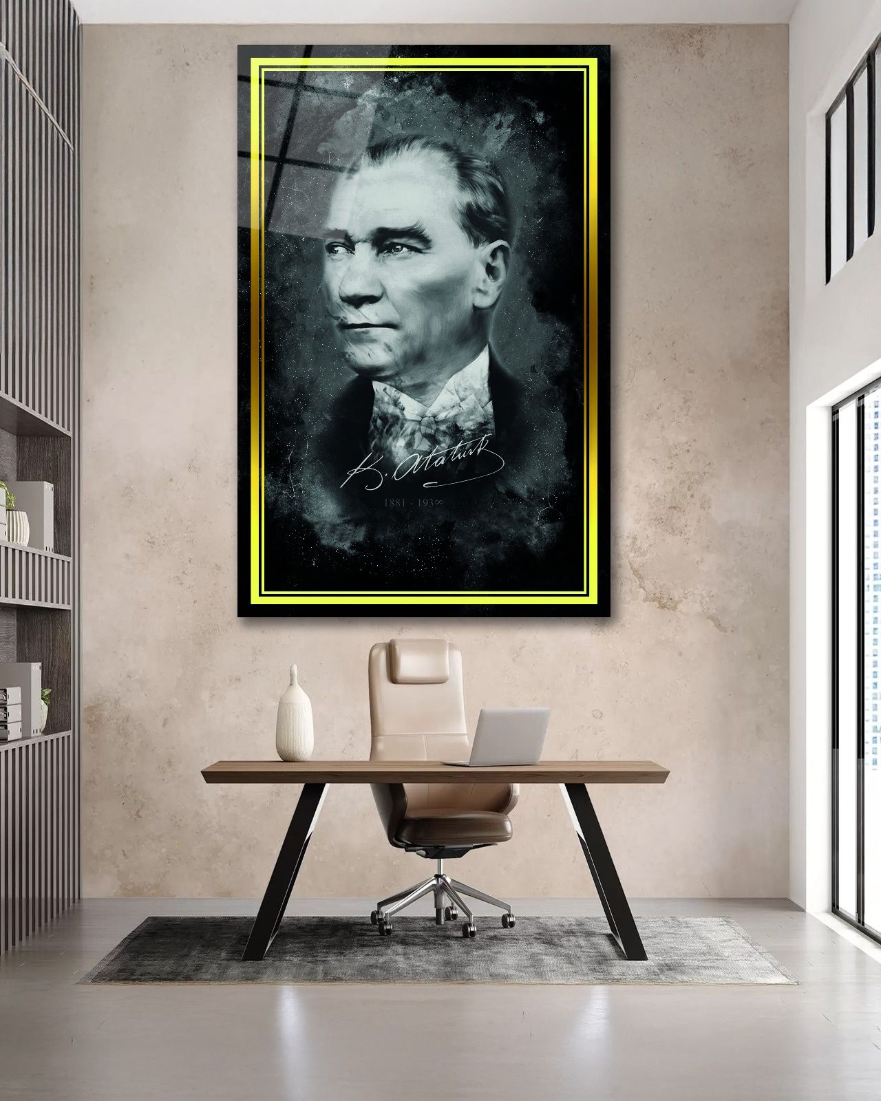 Sarı Çerçeve Görünümlü Atatürk İmzası Cam Tablo