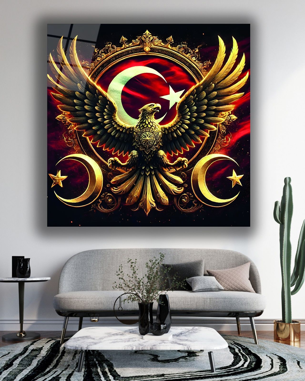 Kartal ve Türk Bayrağı Kare Cam Tablo