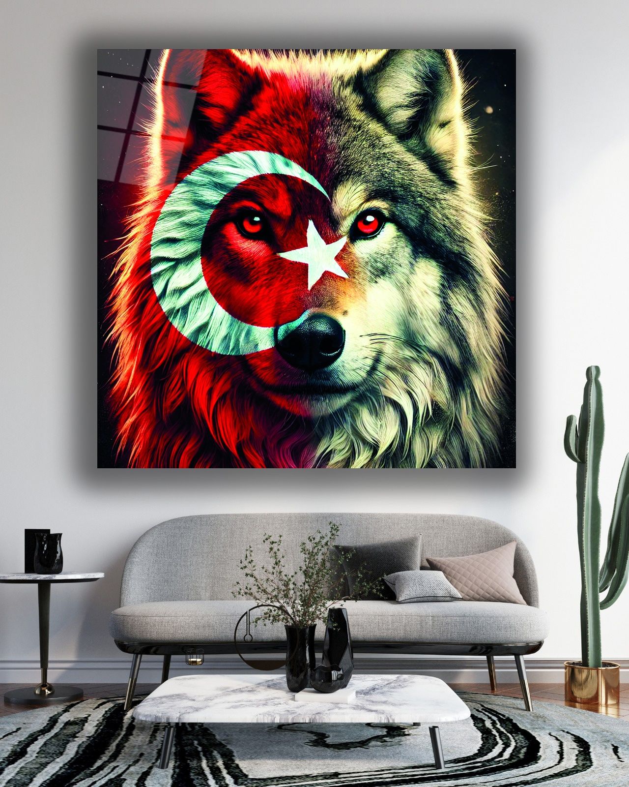 Bozkurt ve Türk Bayrağı Kare Cam Tablo
