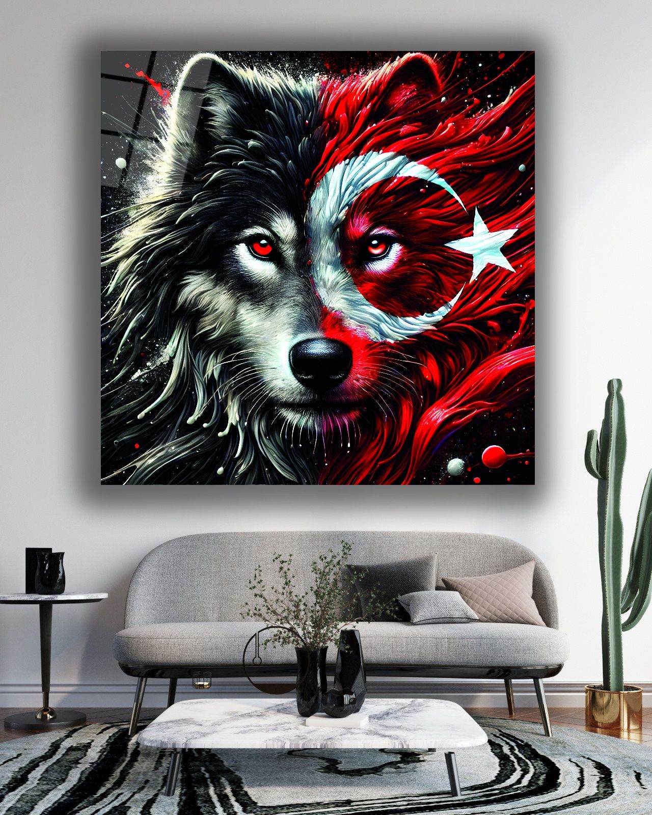 Bozkurt ve Türk Bayrağı Kare Cam Tablo