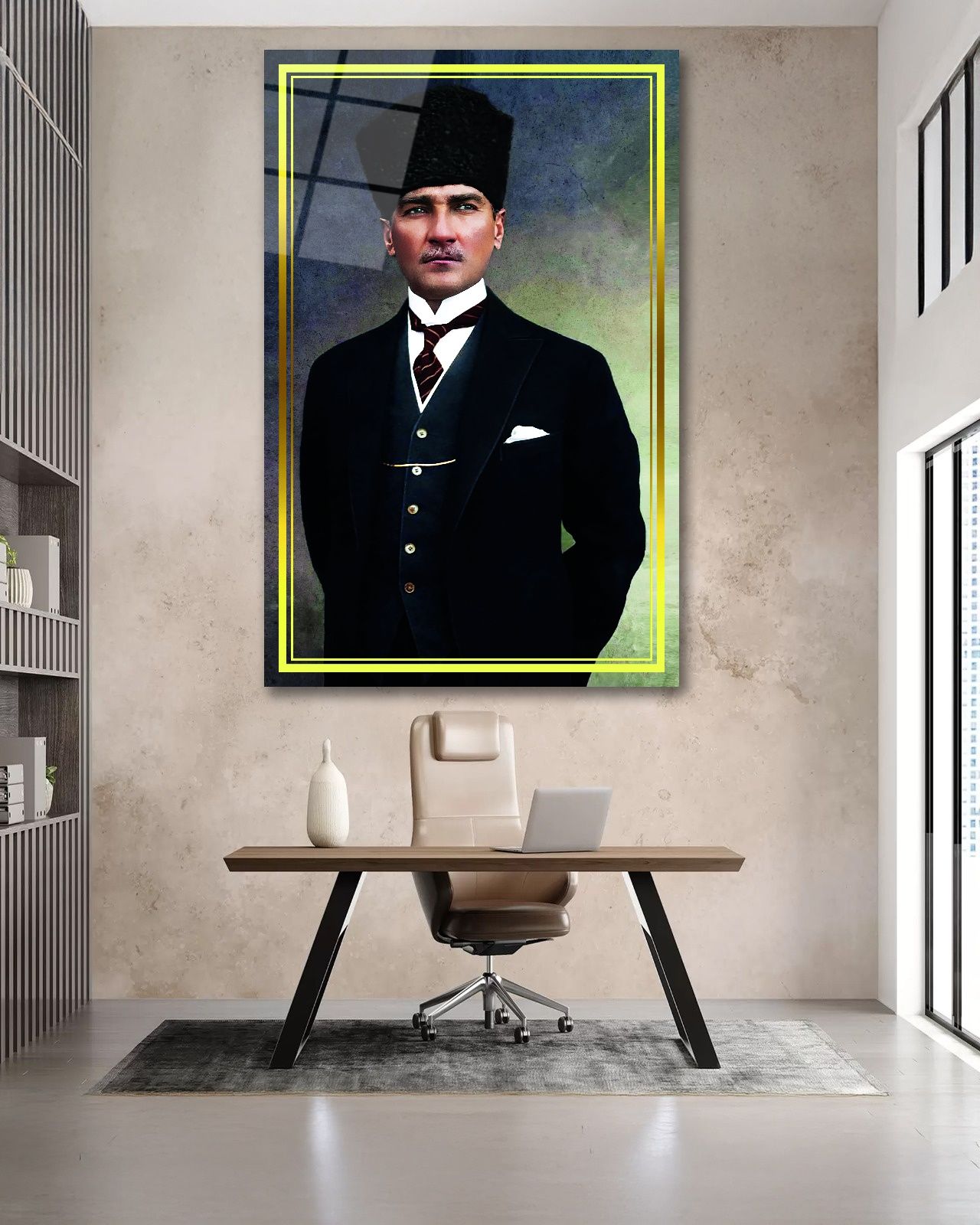 Sarı Çerçeve Görünümlü Atatürk Cam Tablo