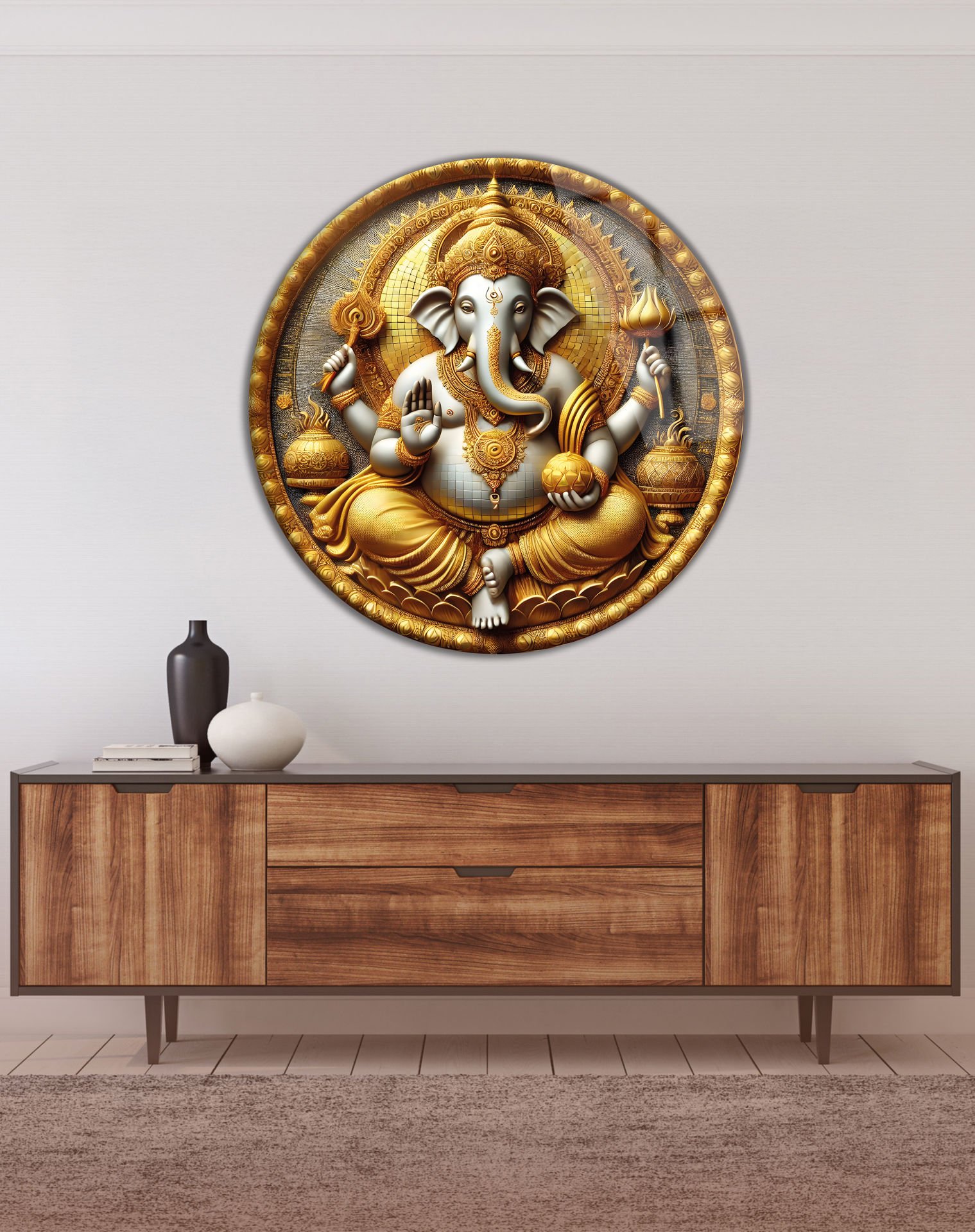 Lord Ganesha Yuvarlak Cam Tablo