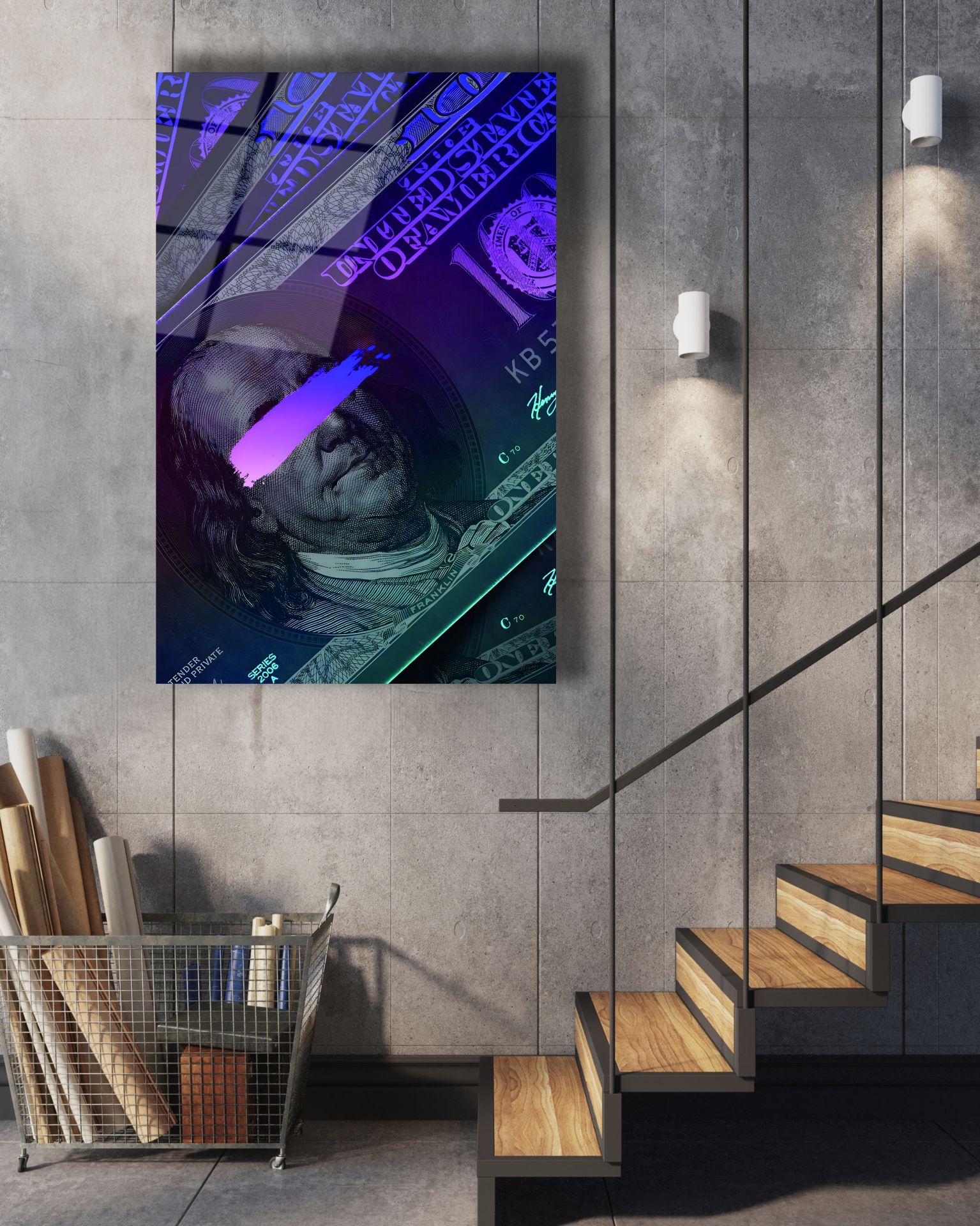 Neon Amerikan Doları Cam Tablo