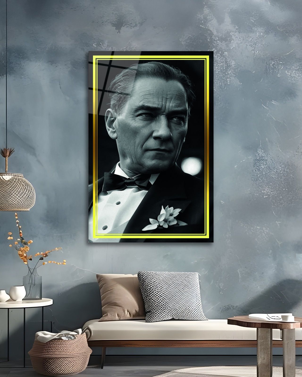 Sarı Çerçeve Görünümlü Atatürk Yan Portre Siyah Beyaz Cam Tablo