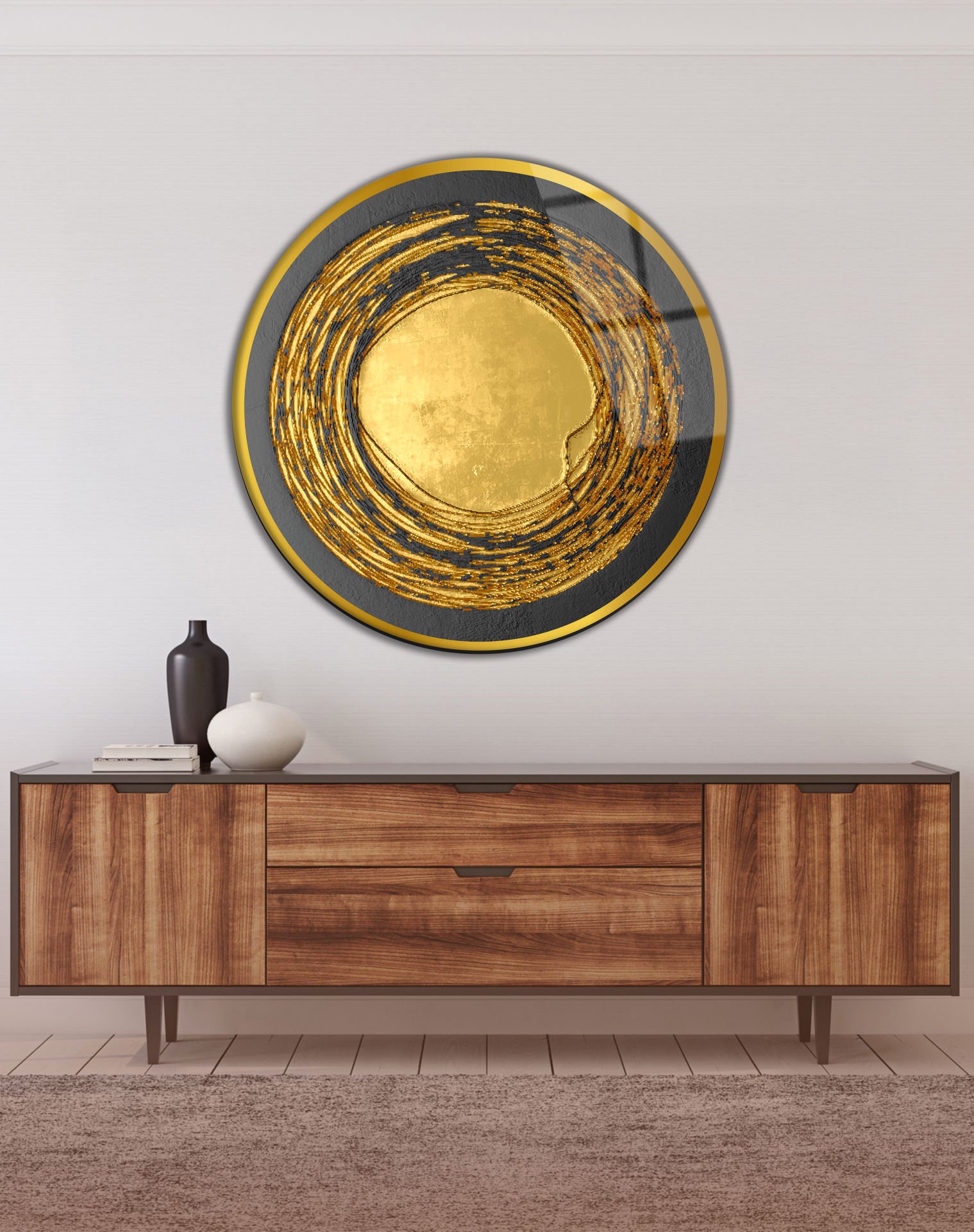 Soyut Gold Yuvarlak Cam Tablo