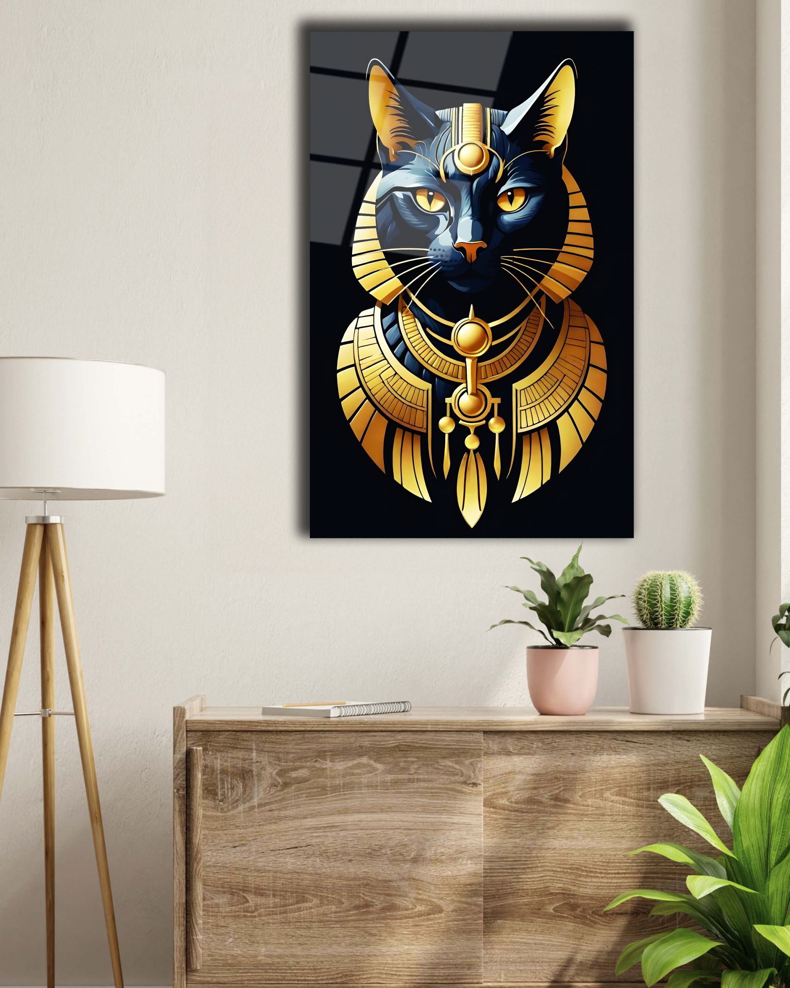 Antik Mısır Kedi Cam Tablo