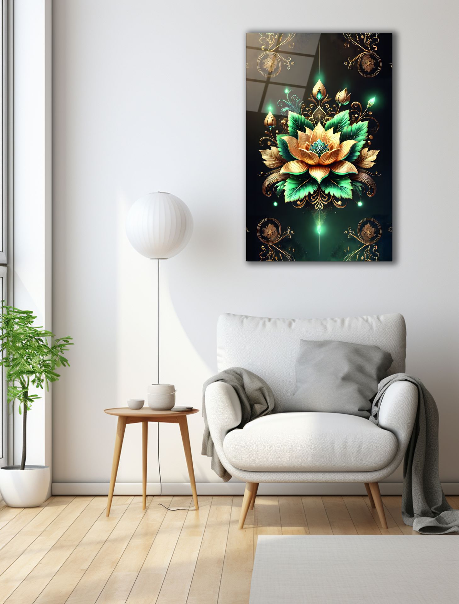 Yeşil Lotus Çiçeği Cam Tablo