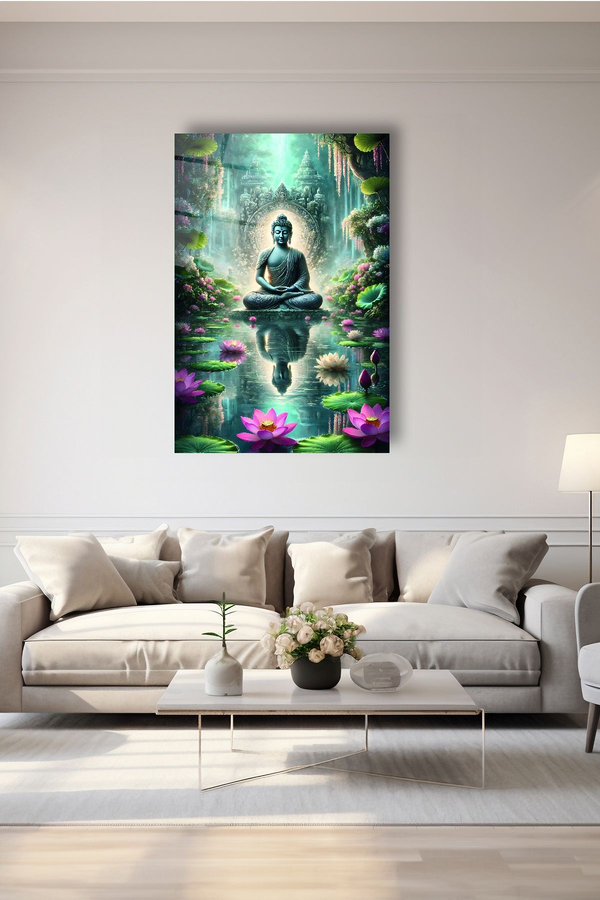 Lotus Çiçeği ve Buda Heykeli Cam Tablo