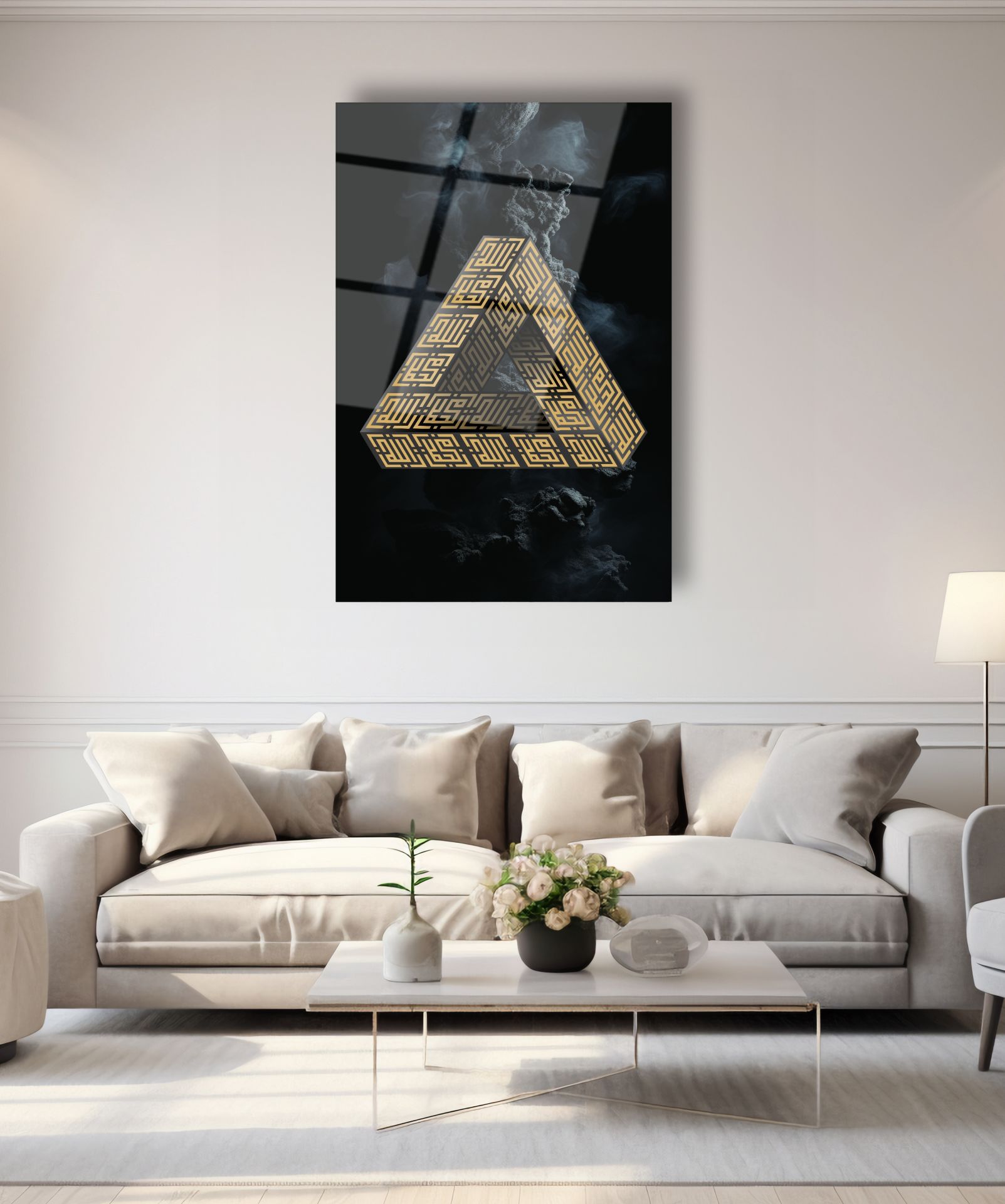 Allah ve Muhammed Kufi Hat Sanatı Penrose Üçgeni Cam Tablo 72x46