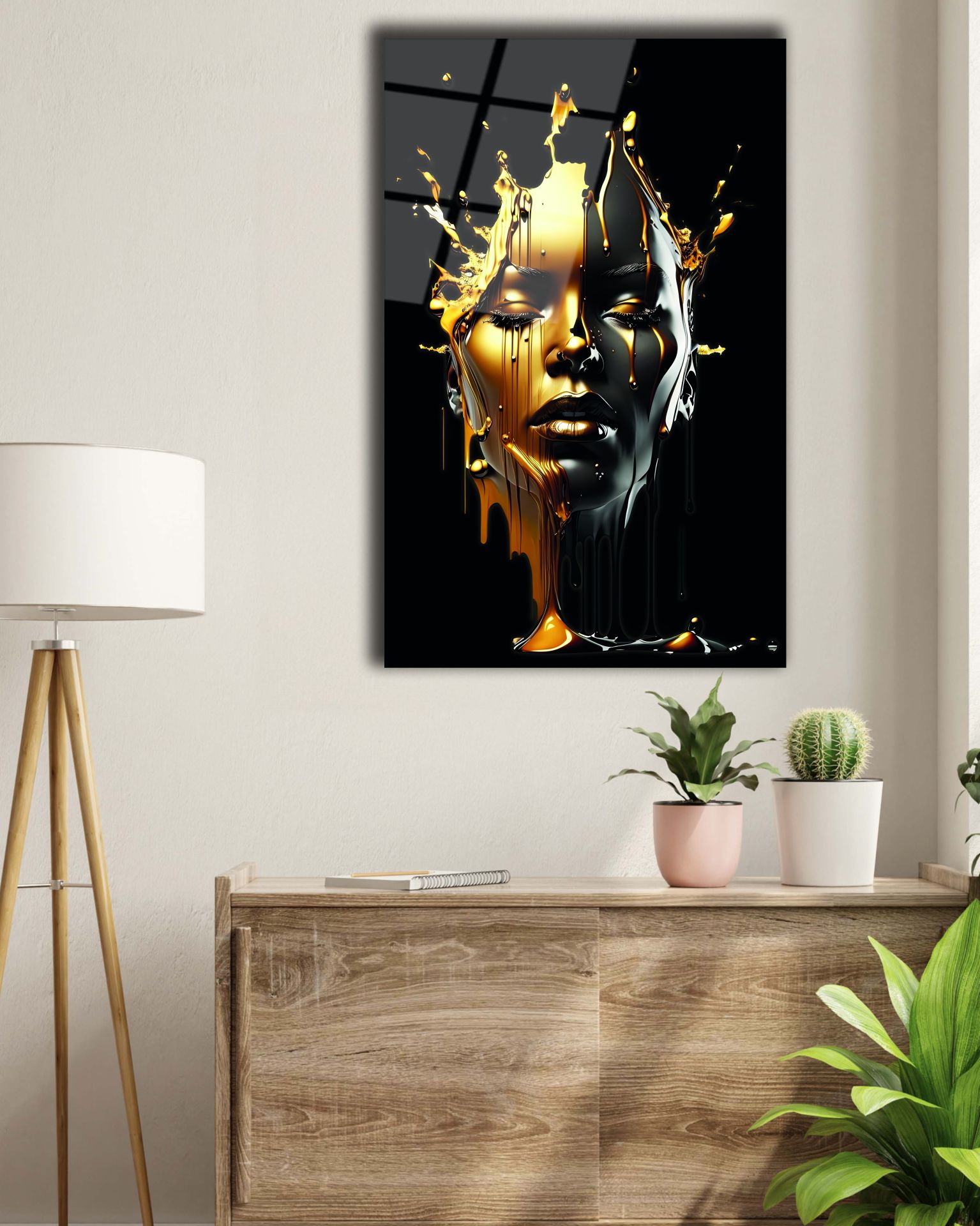 Altın Boyalı Afrikalı Kadın Cam Tablo