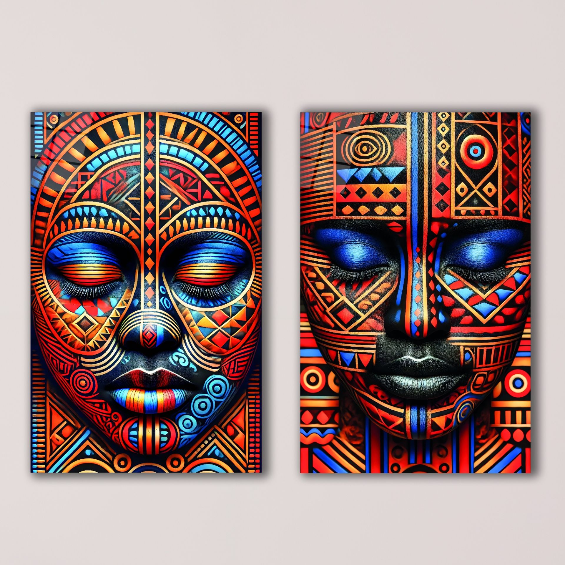2'li Set Afrika Maskeleri Cam Tablo