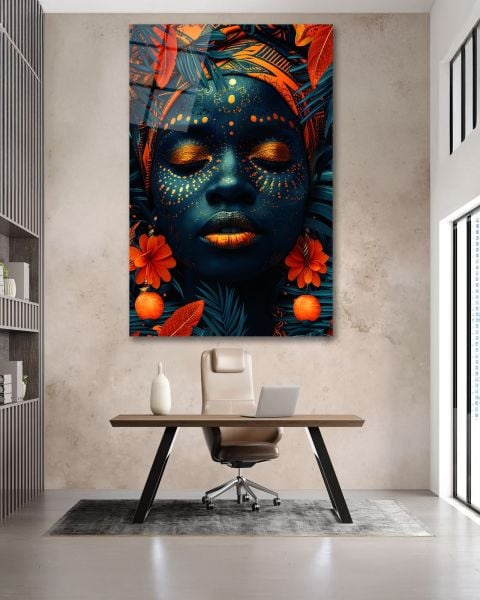 Turuncu Boyalı Afrikalı Kadın Cam Tablo