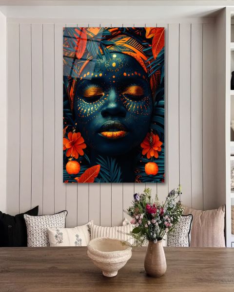 Turuncu Boyalı Afrikalı Kadın Cam Tablo