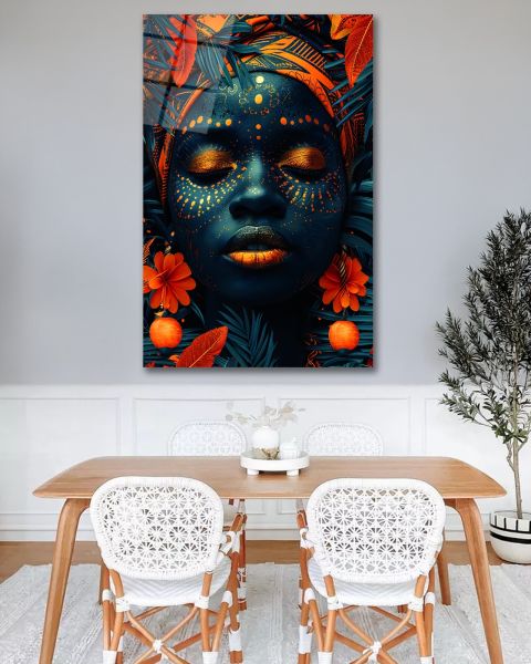 Turuncu Boyalı Afrikalı Kadın Cam Tablo
