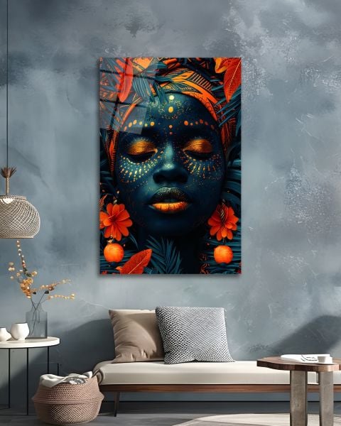Turuncu Boyalı Afrikalı Kadın Cam Tablo
