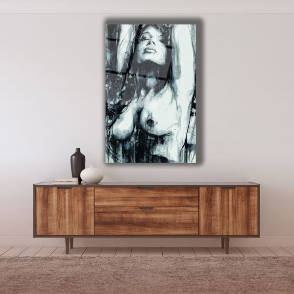 Nü Sanatı Siyah Beyaz Cam Tablo