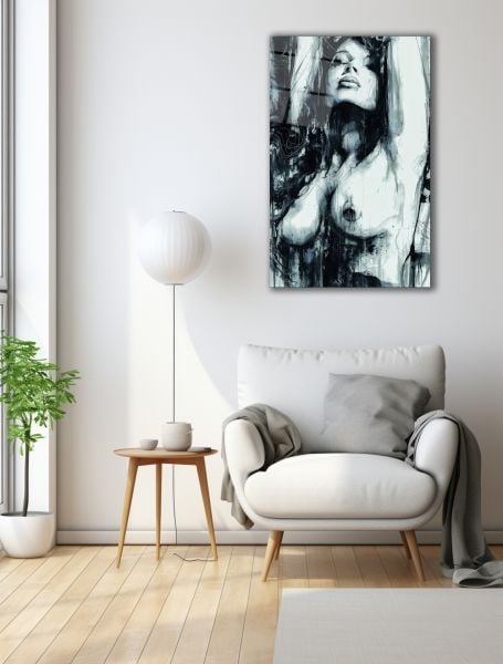 Nü Sanatı Siyah Beyaz Cam Tablo