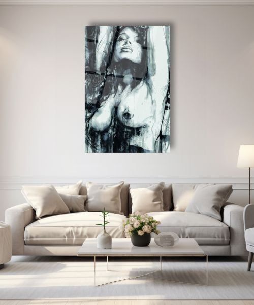 Nü Sanatı Siyah Beyaz Cam Tablo