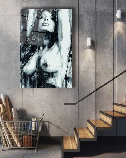 Nü Sanatı Siyah Beyaz Cam Tablo