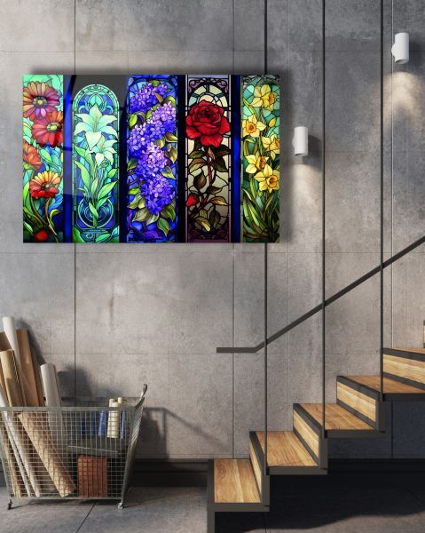 Beş Renkli Vitray Çiçek Cam Tablo