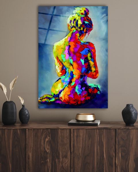 Rengarenk Kadın Nü Sanatı Cam Tablo