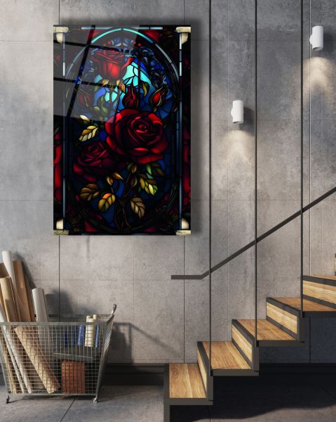 Vitray Görünümlü Güller Cam Tablo