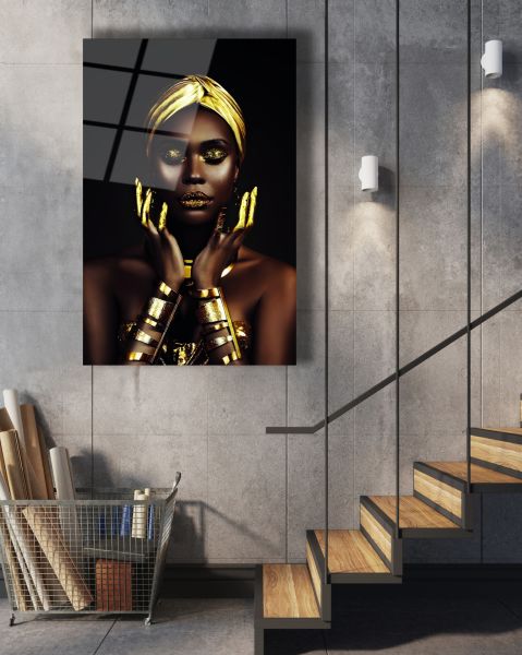 Afrikalı Altın Kabile Kadını Cam Tablo