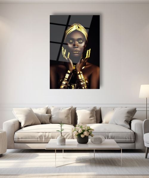 Afrikalı Altın Kabile Kadını Cam Tablo