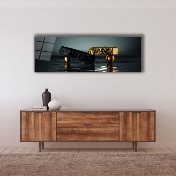 Taşların ve Kürelerin Dengesi Panoramik Cam Tablo