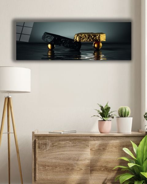 Taşların ve Kürelerin Dengesi Panoramik Cam Tablo