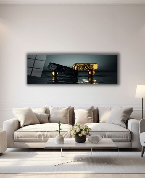 Taşların ve Kürelerin Dengesi Panoramik Cam Tablo