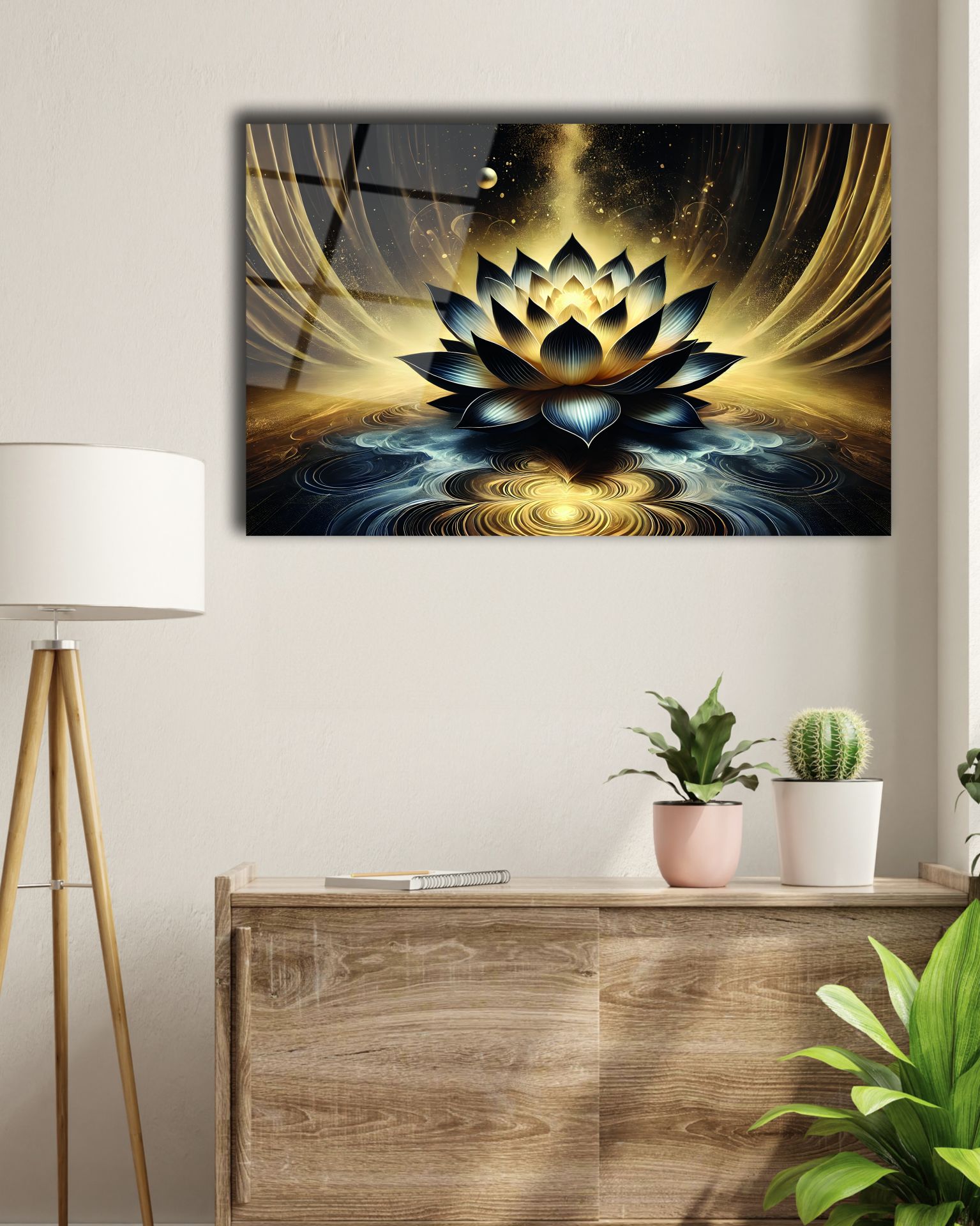Gold Lotus Çiçeği Cam Tablo