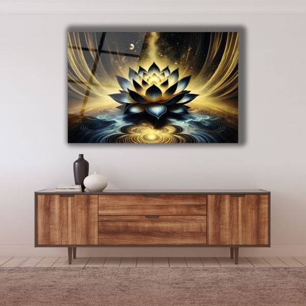Gold Lotus Çiçeği Cam Tablo