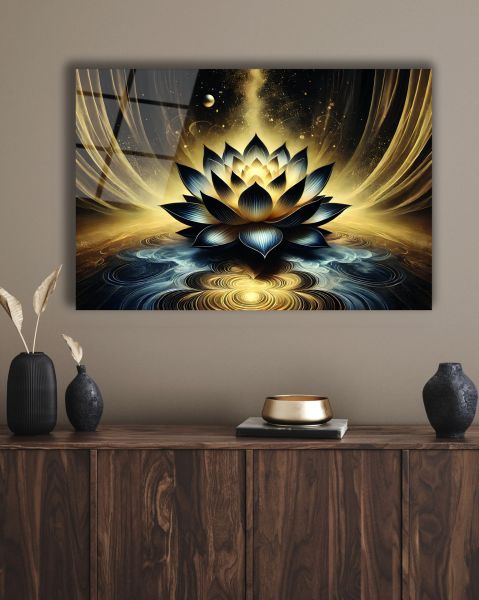 Gold Lotus Çiçeği Cam Tablo