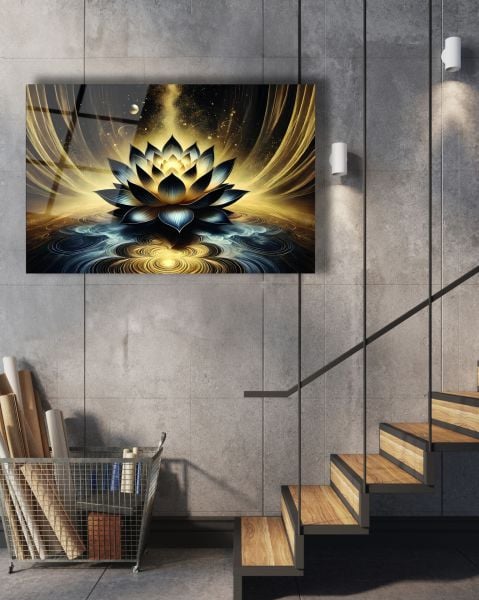 Gold Lotus Çiçeği Cam Tablo