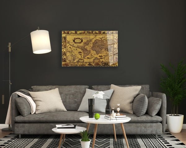 Eskitme Görünümlü Dünya Haritası Cam Tablo