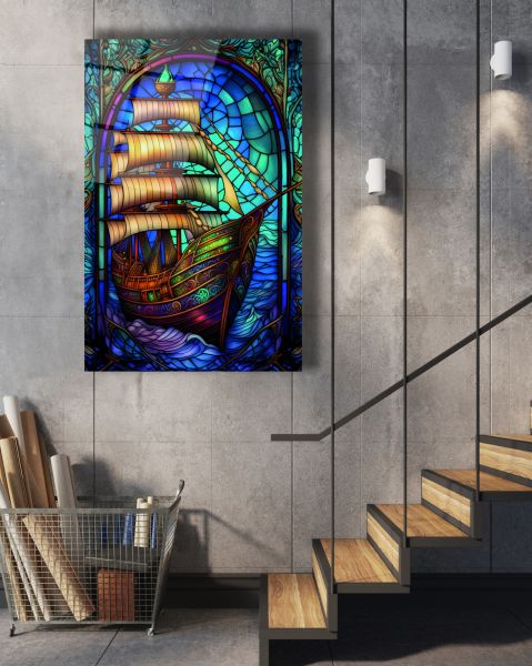 Vitray Korsan Gemisi Cam Tablo
