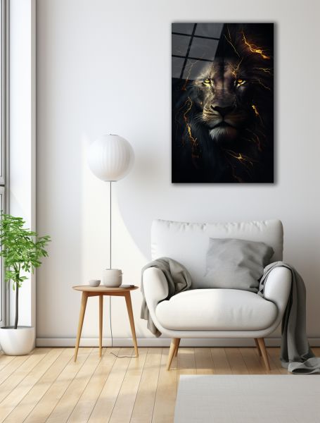 Altın Çizgi Detaylı Aslan Cam Tablo