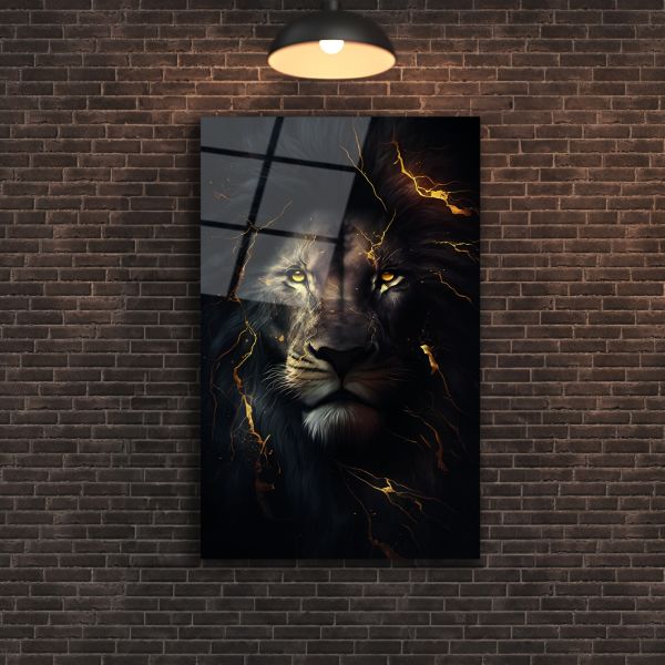Altın Çizgi Detaylı Aslan Cam Tablo