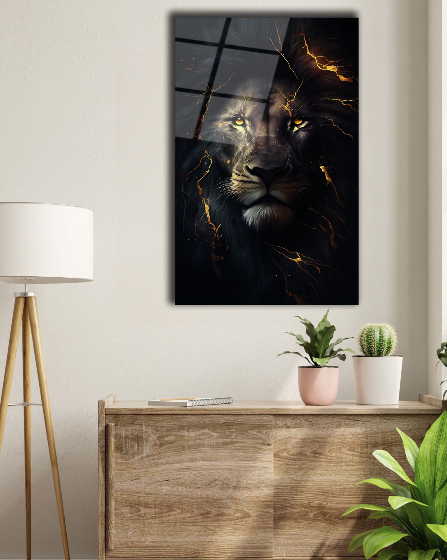 Altın Çizgi Detaylı Aslan Cam Tablo