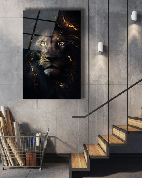 Altın Çizgi Detaylı Aslan Cam Tablo