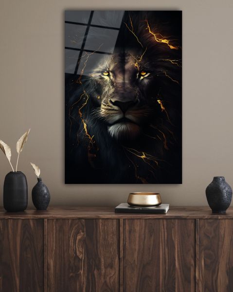 Altın Çizgi Detaylı Aslan Cam Tablo