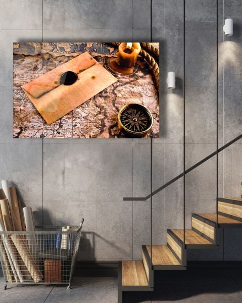 Eskitme Görünümlü Harita Mühürlü Mektup Mum ve Pusula Cam Tablo 130x83
