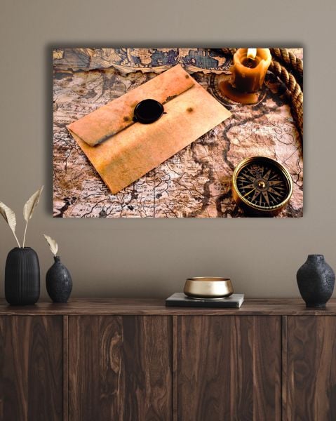 Eskitme Görünümlü Harita Mühürlü Mektup Mum ve Pusula Cam Tablo 130x83