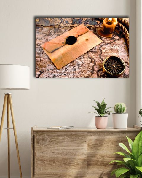 Eskitme Görünümlü Harita Mühürlü Mektup Mum ve Pusula Cam Tablo 130x83