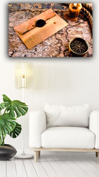 Eskitme Görünümlü Harita Mühürlü Mektup Mum ve Pusula Cam Tablo 130x83